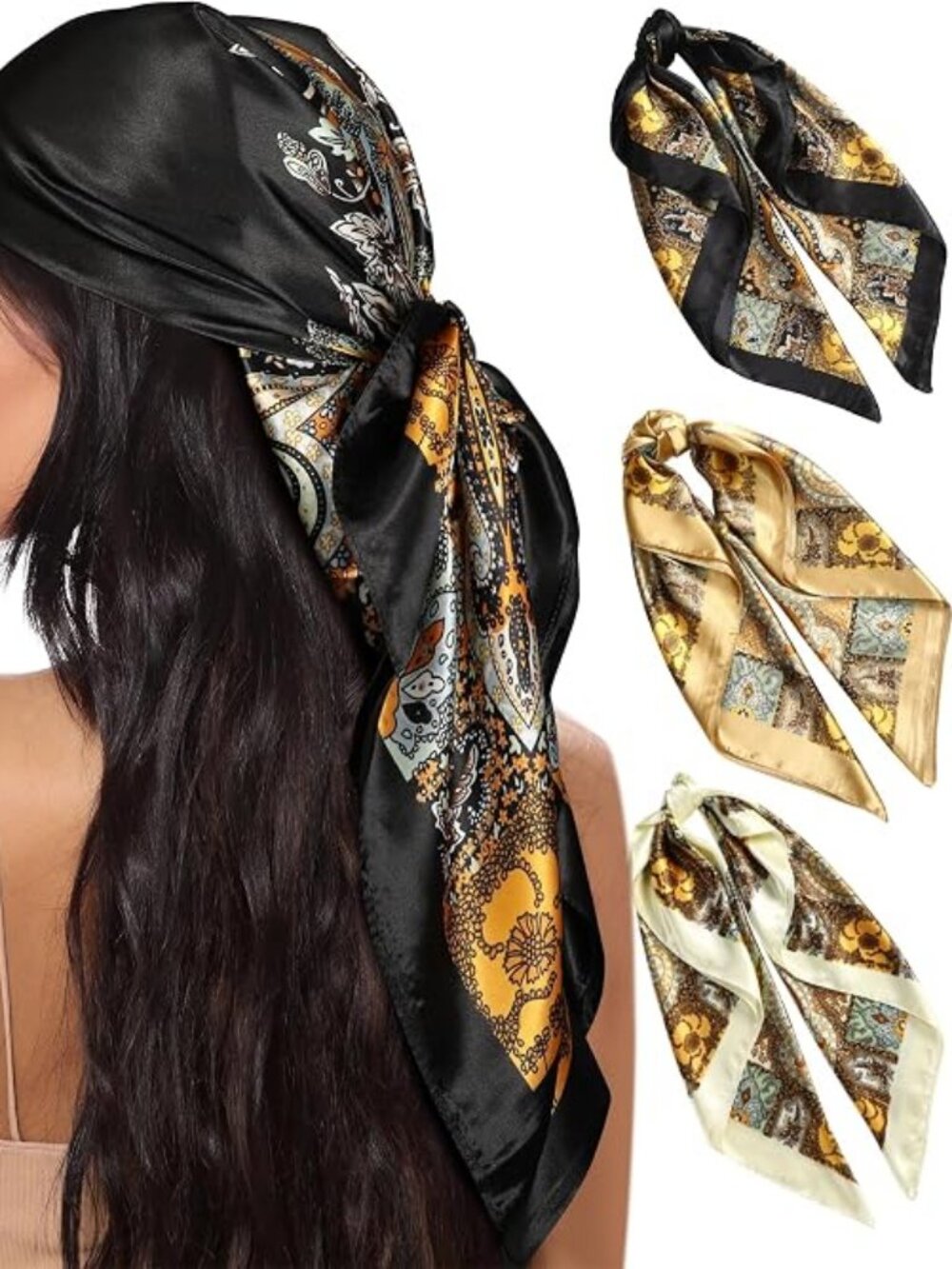 AWAYTR Satin Head Scarf for Women 3 Pcs 35 Inch Hair Scarf Like Silk Scarf
